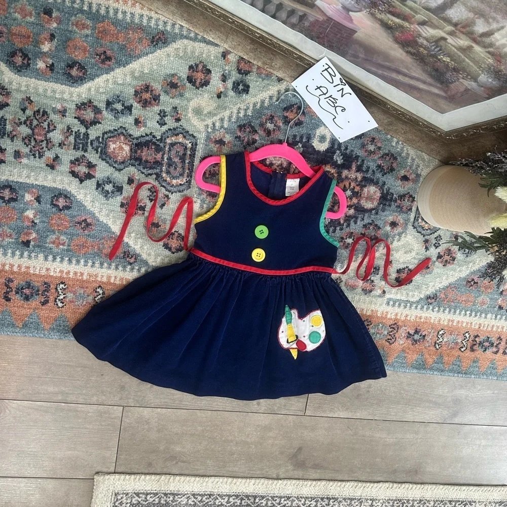Vintage 80s Toddler Girl Back to School Dress Paint Palette Applique Corduroy
